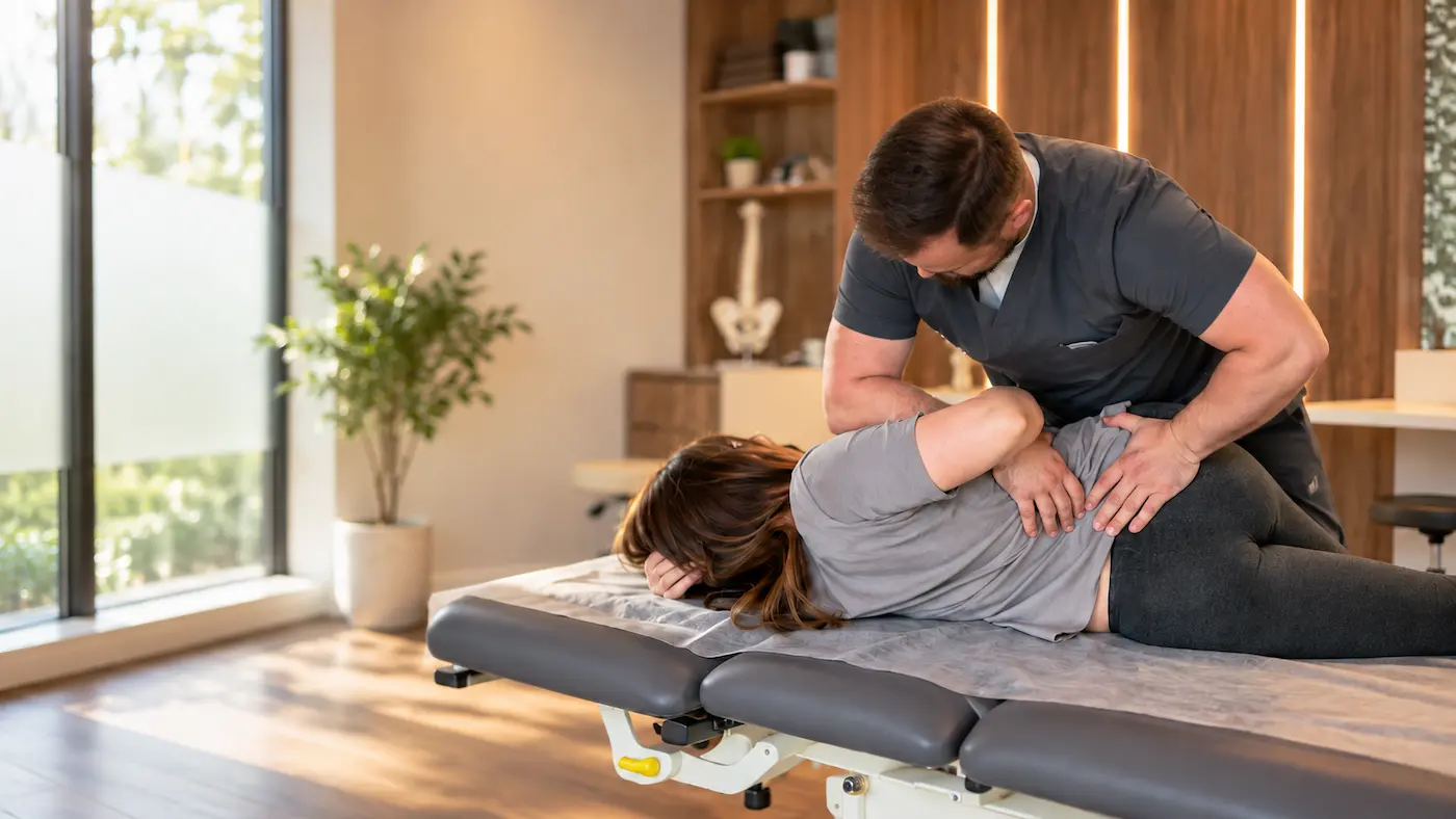 Fizjoterapeuta Recovery Clinic w Rumi podczas terapii ortopedycznej